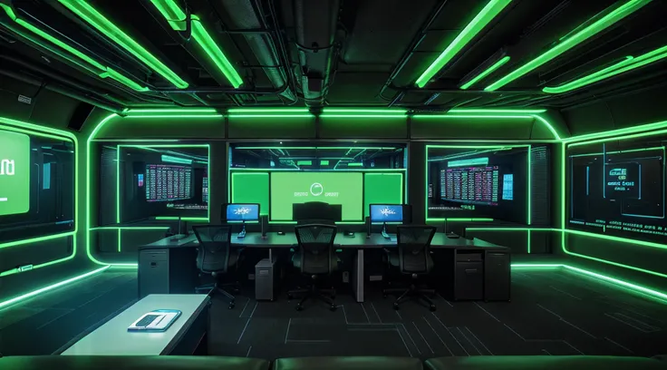 hitech office, multi screen, dashboard, Green Neon scene, cyber, background, no character