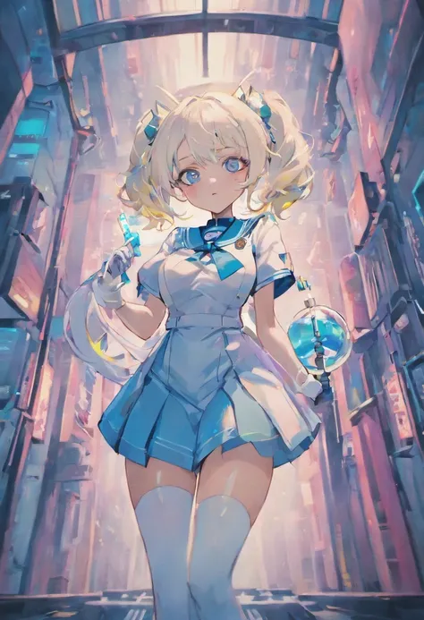 Cyberpunk Style Lolita Glasses Teen B Cup White Hair Blue Eyes Tight Nurse Uniform White Stockings White High Heels Holding an Injection Syringe in Hand Background in Cyberpunk Mechanical Hospital