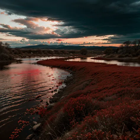 BLOOD RED RIVER, WITH BLACK CLOUDS IN THE BACKGROUN