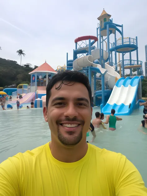 Man in yellow shirt in front of a water park, waterpark, foto selfie, com rostos molhados!!, divertindo-se, Homem de 4 0 anos, Fotografia selfie 8k, cerca de 3 5 anos, Assumido em Go Pro Hero8, in water! down to the shoulders, Torne-se profissional, cachoe...