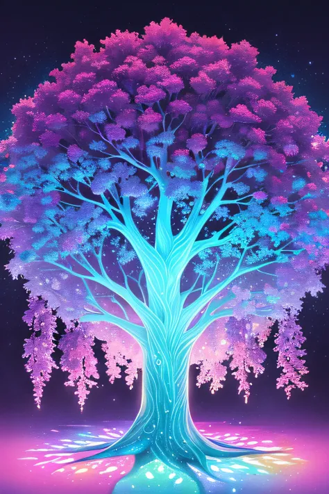 A beautiful, detailed, textured tree of life with lots of light , Swirls of colour and coloured powder