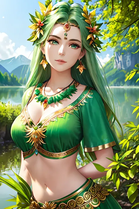 1 goddess of earth, green nature hair, beautiful eyes, perfect body, thin waist, nature armour, nature background, lake, beautiful eyes, ornaments in hair, leaf in the hair, looking at you, nature necklace, nature earrings, nature rings, positive vibes, hi...