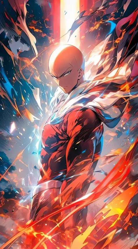 a man in a red suit, standing in front of the fire, one punch man, манга one punch man, saitama, шеф-повар saitama one punch man...