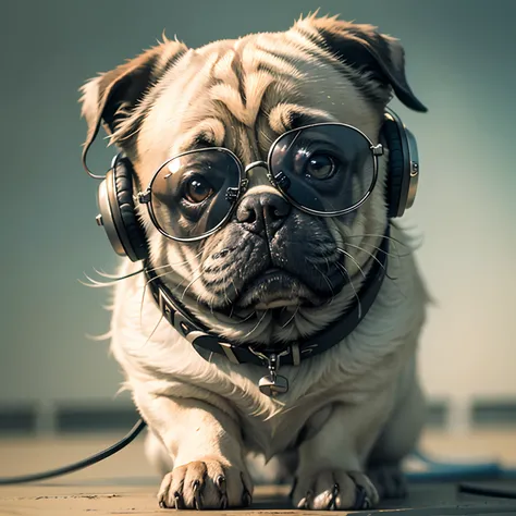 Estilo realista, master part, best quality, 8k, art-station, foco nítido, ultra-realistic, detalhes altos, cool pug wearing RayBan sunglasses and headphones, com microfone podcast, Podcaster