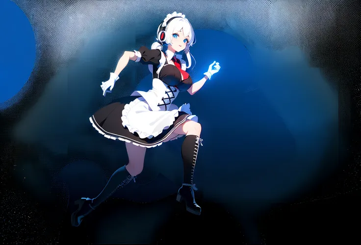 (Happy eyes: 1.8) (The left eye is blue: 1.5)(The right eye is red: 1.5) (Looking forward: 1.5) Anime character in black and white costume and headphones, anime girls in maid costumes, Cool 3D Anime Girl Rendering, anime girls in maid costumes, maid clothe...