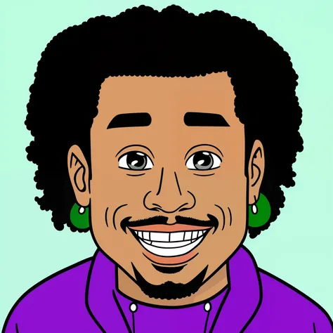 Cartoon Profilbild:
Has a green durag on, smiles into the camera, has diamond necklaces on, has a diamond watch on, has slightly brown skin, has tattoos up to his neck, wears a puffer jacket