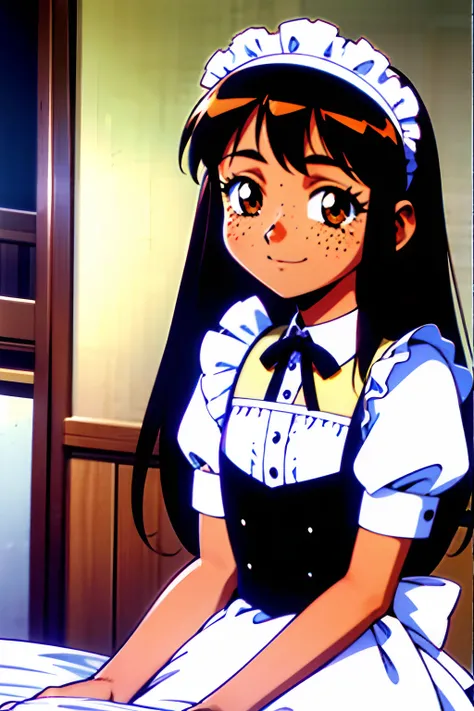 (best-quality:0.8), (best-quality:0.8), 1girl, (Miyuki), (brown skin), long black hair, straight hair, brown eyes, eyelashes, freckles, petite, happy expression, bedroom, maid outfit, maid headband