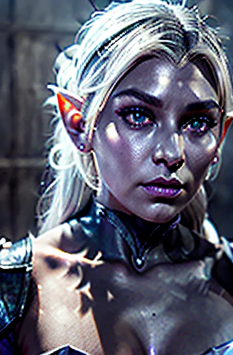 A dnd Drow girl standing, lavender skin color, white eyes, upturned eye shape, narrow eyes, sharp cheek bones, sharp nose, aquiline nose, heart lips, heavy upper lip, pointed ears, pure white hair, medium arched eyebrows, grey eyebrows, sharp facial featur...