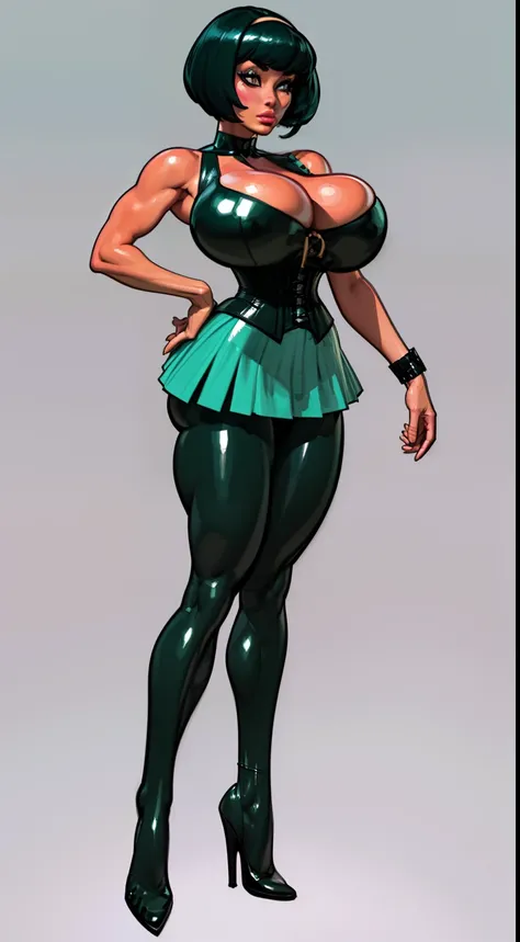 ((masterpiece)),(((best quality))),((character design sheet)), ((full body view)) illustration,1girl, muscular, ((tight mintgreen skirt:1.2)), buttercup, (mintgreen hairband),(dark black hair:1.3), greendress ((detailed face:1.4)) ((gigantic breasts:1.3)),...