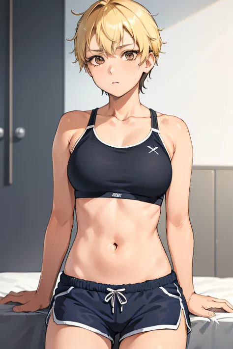 1 mujer, chica anime, pelo corto, tomboy, pelo corto, dyed blonde hair, reices del cabello oscuras, ropa de deporte, sport bra, shorts deportivos, plano cercano