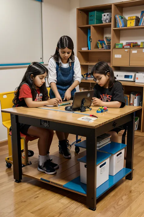 Work table with 3 kids creating educational robotics and STEAM projects, trabalhando em equipe, with the help of a teacher and around shelves with maker materials.