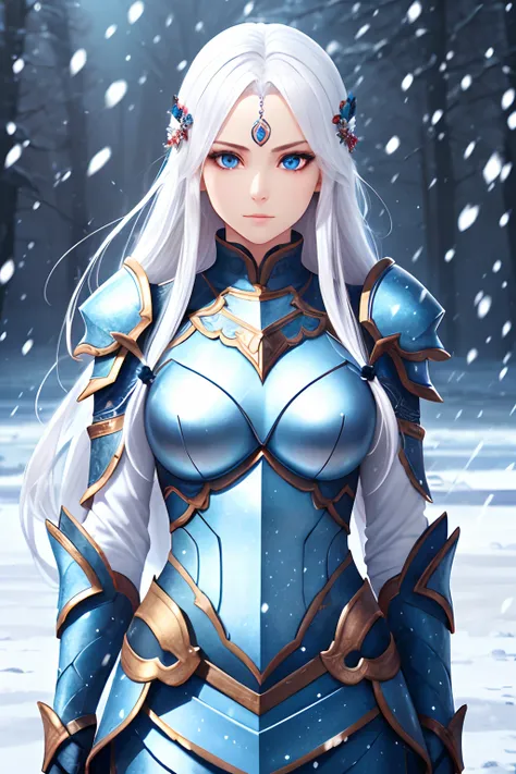 1 goddess of ice, white long hair, beautiful eyes, perfect body, thin waist, blue armour, ice background, beautiful eyes, ornaments in hair, looking at you, focused vibes, high resolution, masterpiece, 8k, snowing