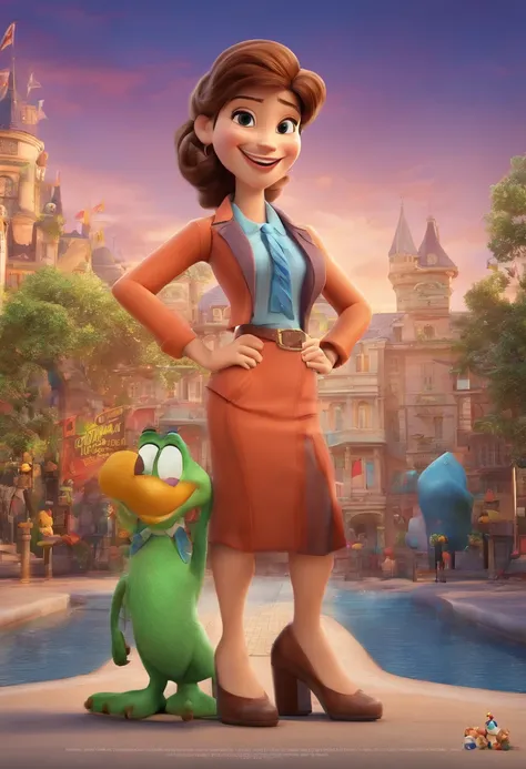 a Disney Pixar style 3D movie poster in high quality with the text "Ola Mulherada" Like a Happy Blonde Woman with Long Hair, blazer, t-shirts and arms crossed. On Background With Many very happy Womans how to one show or presentation teatre