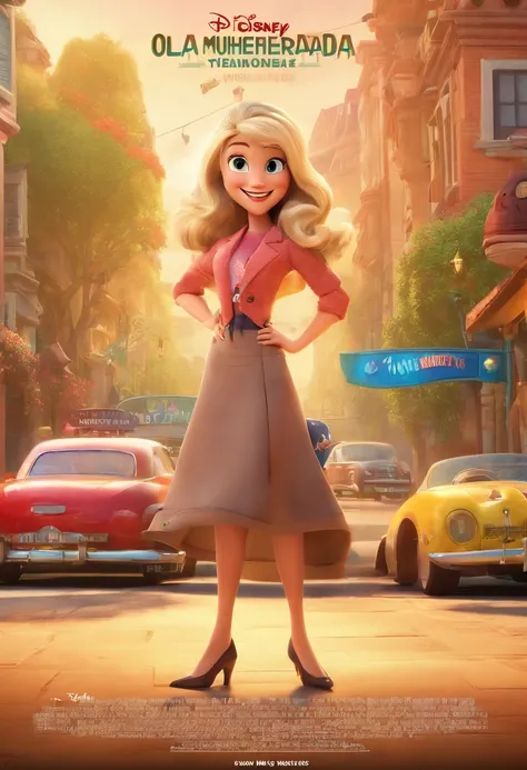 a Disney Pixar style 3D movie poster in high quality with the text "Ola Mulherada" Like a Happy Blonde Woman with Long Hair, blazer, t-shirts and arms crossed. On Background With Many very happy Womans how to one show or presentation teatre