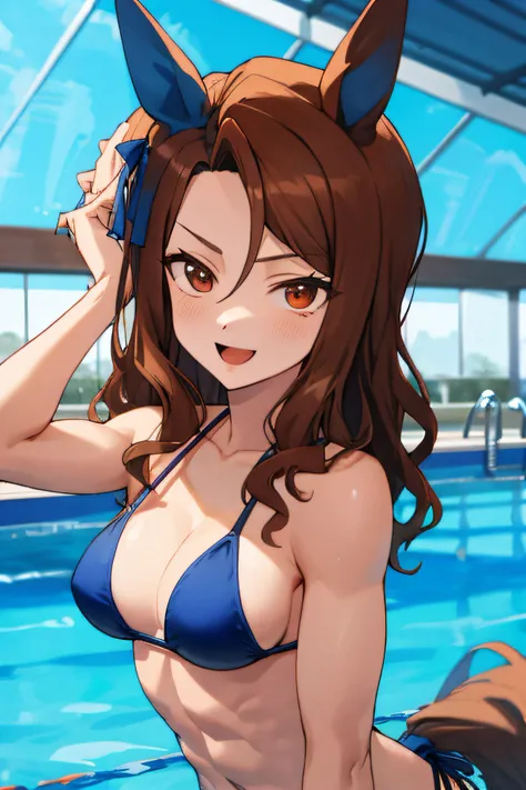 king halo (umamusume), masterpiece, best quality, ultra-detailed face, muscle, abs, frontage, upper body, plain bikini, horse tail, pool, smile, detailed clear eyes, open mouth