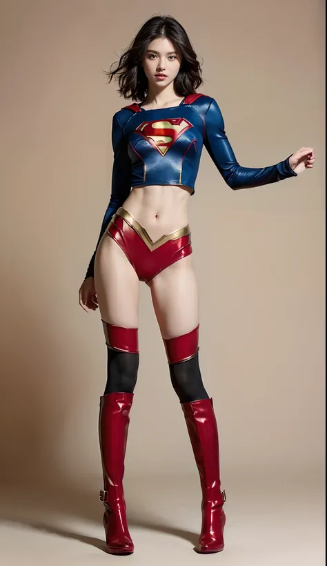 Beautiful girl fighting、japanes、Cute Beautiful Girl、(((Wear black tights on your beautiful legs.)))、(((beauty legs)))、(((Painful look)))、((((Make the most of the original image)))、(((Supergirl Costume)))、(((Beautiful hair in a short cut)))、(((Injured)))、((...