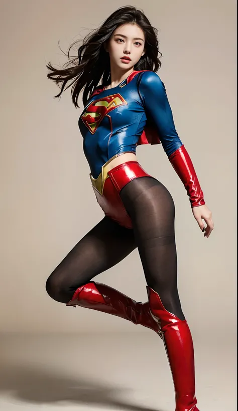 Beautiful girl fighting、japanes、Cute Beautiful Girl、(((Wear black tights on your beautiful legs.)))、(((beauty legs)))、(((Painful look)))、((((Make the most of the original image)))、(((Supergirl Costume)))、(((Beautiful hair in a short cut)))、(((Injured)))、((...