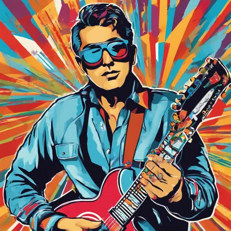 un hombre guitarrista con nariz grande gafas y camisa blanca con azul y azul oscuro, Imagen frontal gordita, staring directly into camera, Foto selfie 8k, con gafas, staring directly into camera, foto realista, staring directly into camera, staring directl...