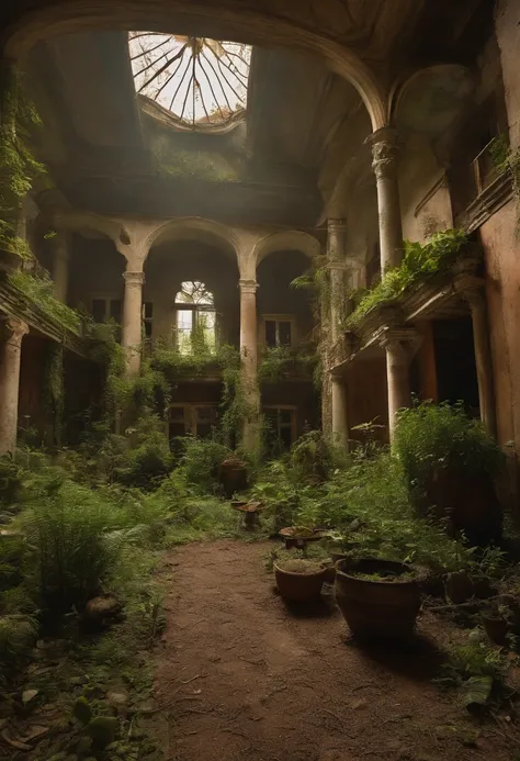 abandoned mansion, escada, one tree & Roots, Green post-apocalypse, Grama alta e grossa e selva, Everything is covered in plants, Drava e plantas, Crescendo em um prado, Bela arquitetura e interiores decorativos, An abandoned and overgrown hall, Post-apoca...