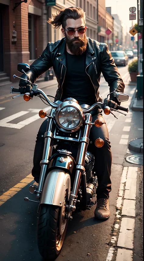 bearded man on a Harley-Davidson motorcycle, serious, elegant, highly detailed, sharp focus, 3d, photorealistic, film photography