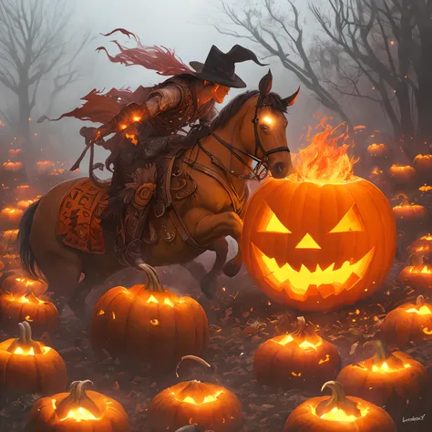 Halloween. The Legend of Jack. pumpkinhead
horseman, with a burning pumpkin for a head,
Horror, hyper-detailed, Hyper-realistic, complex details, 4k,
Professional photo, Lumen, thick fog, Infernal Glowing Cherry
Blooms, Digital Painting, Fantasy art, dim l...