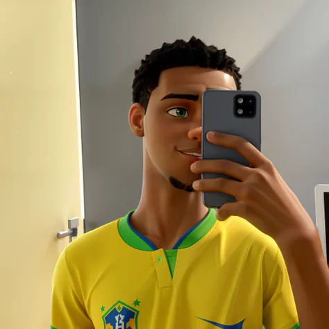 Stable Diffusion prompt: a young black man, in a Brazilian national team shirt, against the backdrop of a bedroom, holding a cellphone in hand. (best quality, 4k, 8k, highres, masterpiece:1.2), ultra-detailed, (realistic, photorealistic, photo-realistic:1....