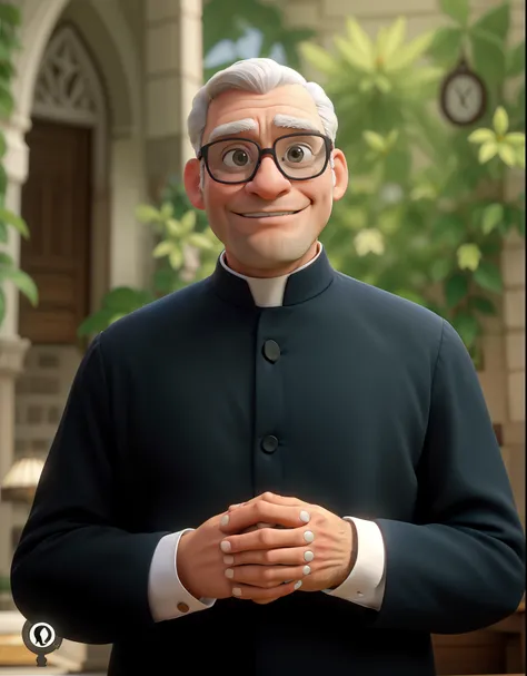 Obra-prima, de melhor qualidade, um homem de cabelos grisalhos, wearing priests clothing and prescription glasses with transparent frames. Youve got both hands clasped together.