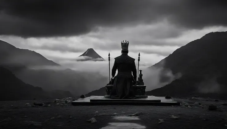 In the background there is a volcano and in the foreground there is a King sitting on his throne wearing black and White.