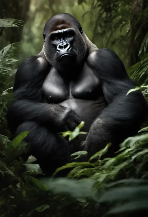 (best quality,ultra-detailed,realistic:1.37),gorilla sitting in a jungle,aggressive expression,smoking a cigar,thick smoke,green lush vegetation,vivid colors,dappled sunlight,menacing dark shadows,ferocious eyes,sharp fangs,strong muscular build,jungle noi...