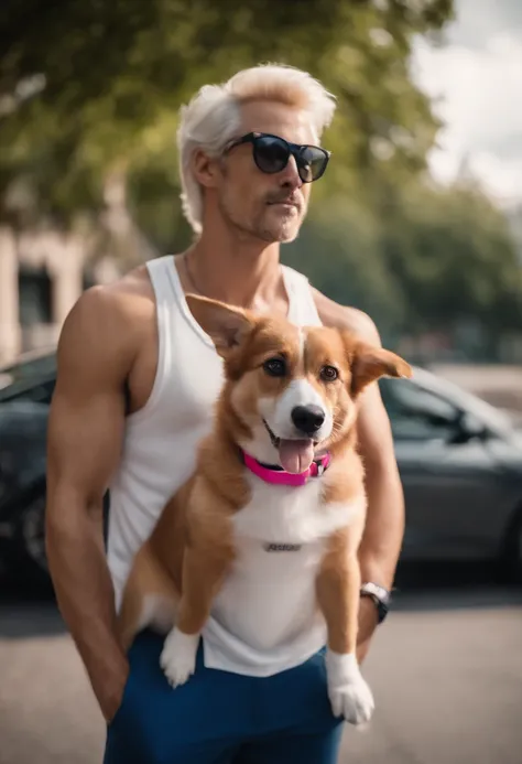 A full-length man, platinum blonde hair, brown eyes, very handsome, he is wearing a white tank top with a red top and a blue bottom; dark blue sports pants and Adidas sneakers and sunglasses. Next to him is a Corgi dog in gray white with a pink collar and ...