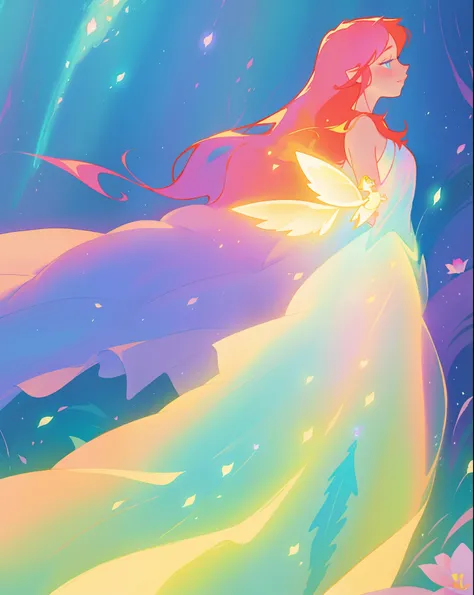 beautiful fairy girl in flowing colorful dress, fairy dress, fairy queen, magical colorful otherworldly landscape, (glowing fairy wings), glowing flowing ballgown, long hair, sparkling fairy wings, watercolor illustration, flowers and colorful plants, insp...