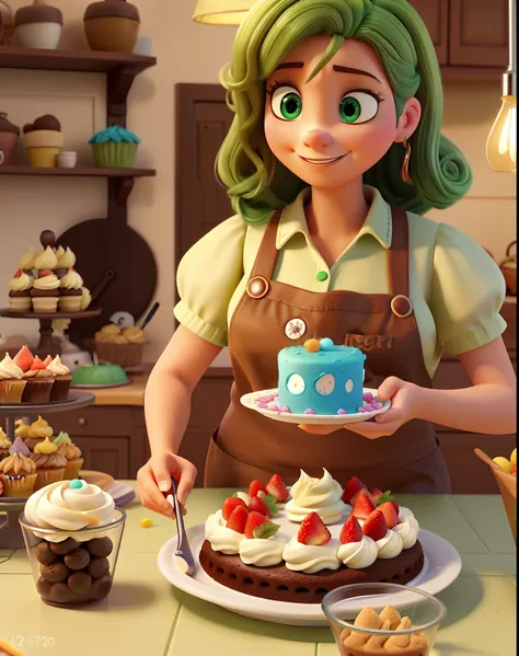 Poster 3 D inspirado na Disney Pixar, A confectioner woman illuminated by the light of a lamp, com pele clara,cabelos marrom, olhos marrom,avental verde musgo contra o pano de fundo de uma confeitaria, Woman Is Making A Cake In Cream, na mesa tem batedeira...