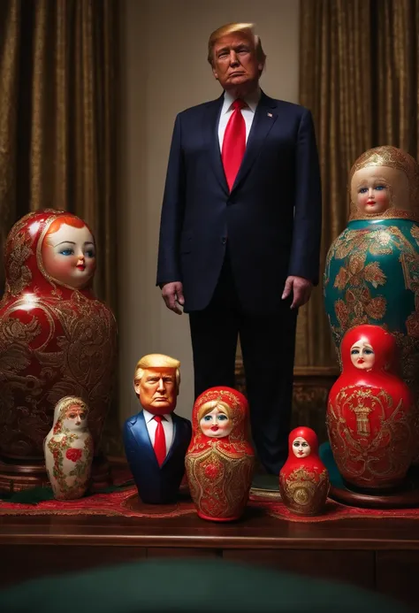 Donald Trump as a Russian doll opened, Trump head section lying on the table and Vladimir Putin as a Russian doll inside the main doll standing