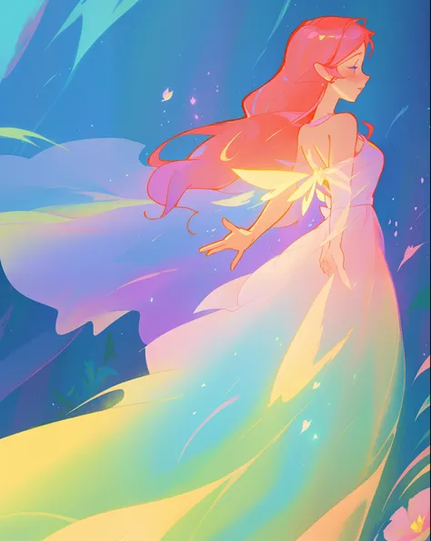 beautiful fairy girl in flowing colorful dress, fairy dress, fairy queen, magical colorful otherworldly landscape, (glowing fairy wings), glowing flowing ballgown, long hair, sparkling fairy wings, watercolor illustration, flowers and colorful plants, insp...