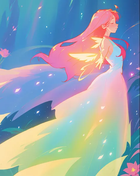 beautiful fairy girl in flowing colorful dress, fairy dress, fairy queen, magical colorful otherworldly landscape, (glowing fairy wings), glowing flowing ballgown, long hair, sparkling fairy wings, watercolor illustration, flowers and colorful plants, insp...