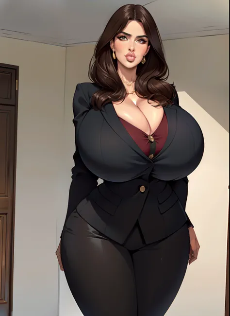 Salma Hayek, milf, mature, long brown hair, brunette, bangs, long hairstyle, high cheekbones, glossy lipstick, 90s glamour makeup, big lips, full lips, pouting, pouting lips, tall, curvaceous, small waist, big hips, hip dips, large breasts, big breasts, sa...