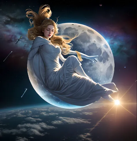 Beautiful moon goddess  in space Flying to the universe with the sun gid