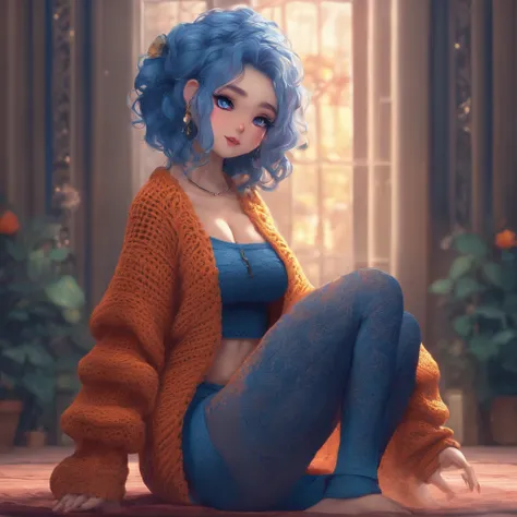 Cute shy anime girl with all blue skin and huge chest and thighs, wearing a crocheted sweater and yoga pants