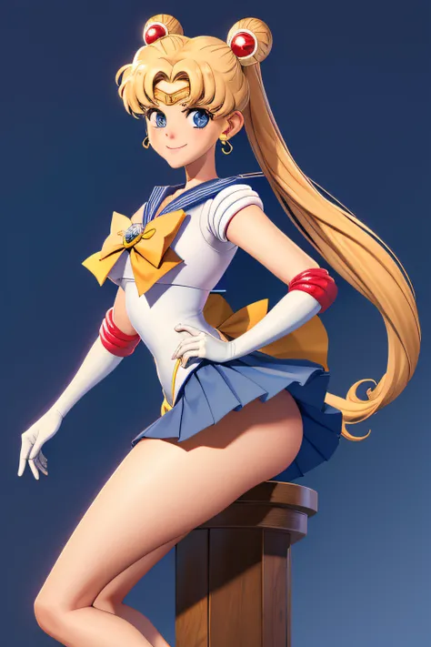 masterpiece, best quality, absurdres, perfect antomy, 1girl, solo, SMMoon, 1990s (style), blonde sailor moon, standing, smile, cowboy shot, sailor senshi uniform, sailor collar, blue skirt, elbow gloves, in back pose, show her booty, backwards, no thong bi...