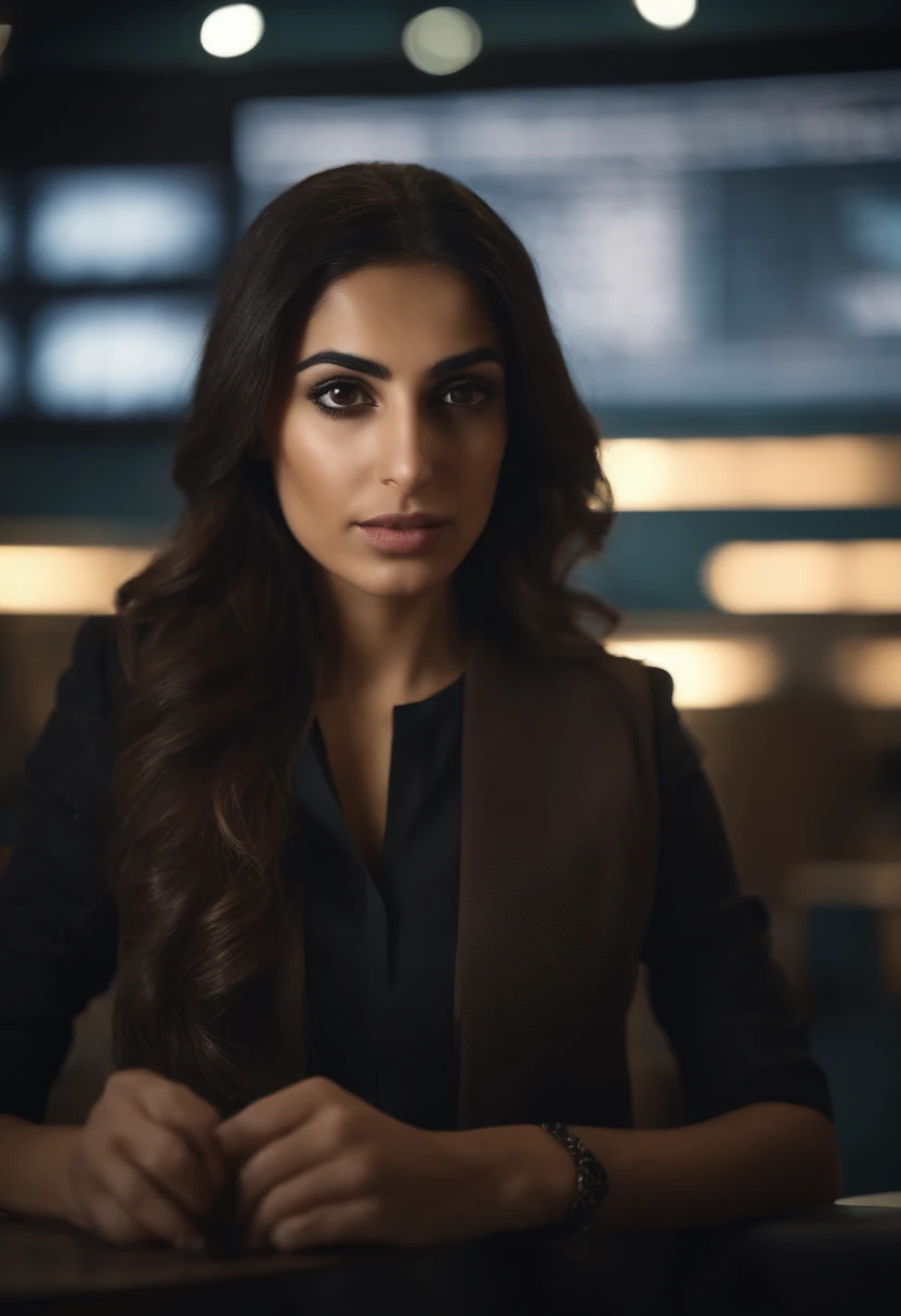 Arab girl picture , Journalist presenting news . Hi-Res , Looking at the camera . The background of the studio is screens