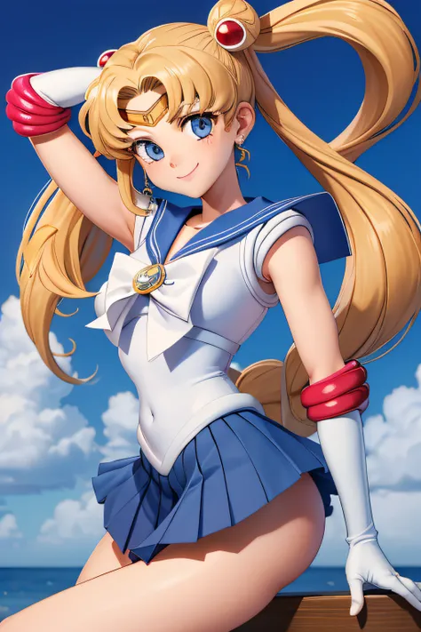 masterpiece, best quality, absurdres, perfect antomy, 1girl, solo, SMMoon, 1990s (style), blonde sailor moon, standing, smile, cowboy shot, sailor senshi uniform, sailor collar, blue skirt, elbow gloves, in back pose, show her booty, backwards, no thong bi...