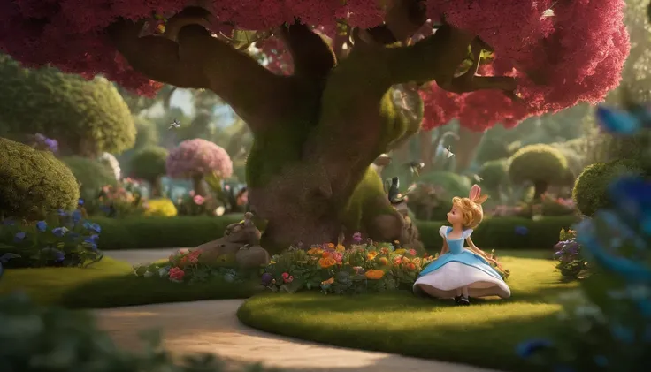 Generate a highly detailed and photorealistic image of a whimsical Alice in Wonderland-inspired garden during midday. In this magical garden, an enchanting tree stands as the centerpiece, its branches twisting and curving in fantastical ways. The trees lea...