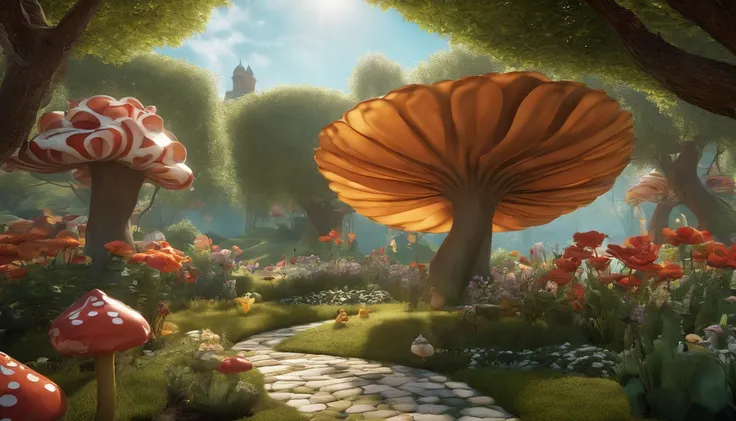 Generate a highly detailed and photorealistic image of a whimsical Alice in Wonderland-inspired garden during midday. In this magical garden, an enchanting tree stands as the centerpiece, its branches twisting and curving in fantastical ways. The trees lea...