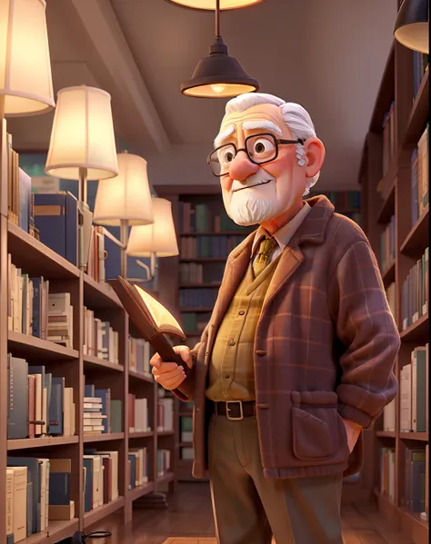 a wise old man standing in front, illuminated by the light of a lamp, against the backdrop of a library