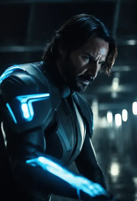 Tron Combined with John Wick, tron legacy, battle pose, crystal clear image, intricate details, close up, battle scars, black and blue themed, simulation world