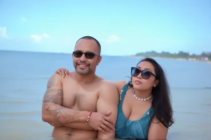 there is a man and woman standing on the beach together, 3 5 year brazilian mother, Usando tatuagens shipibo, O oceano ao fundo, Directed by: Nandor Soldier, posando em uma praia com o oceano, vacation photo, Lovely couple, Directed by: Samuel Silva, par, ...