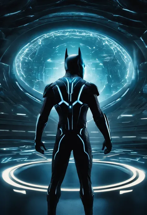 Tron Combined with Batman, tron legacy, battle pose, crystal clear image, intricate details, close up, battle scars, black and blue themed, simulation world