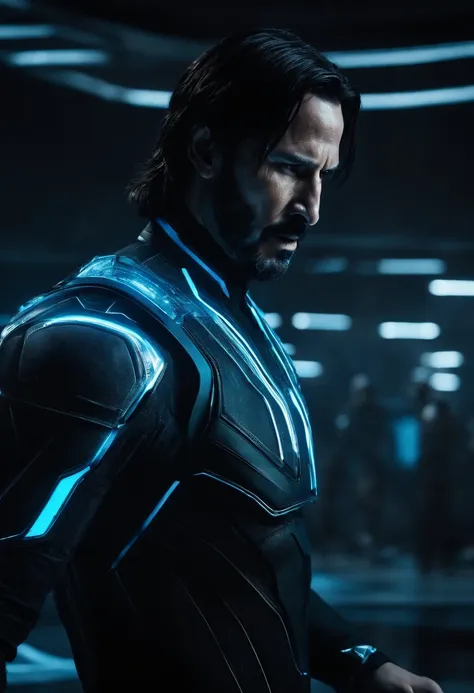 Tron Combined with John Wick, tron legacy, battle pose, crystal clear image, intricate details, close up, battle scars, black and blue themed, simulation world