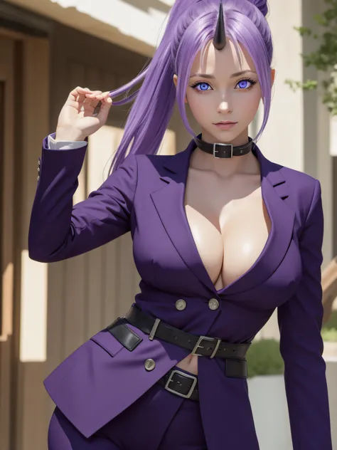 slimeshion, shion, black horns, hair intakes, horns, long hair, oni, oni girl, oni horn, oni horns, ponytail, (purple eyes:1.1), purple hair, single horn, (medium breast:1.2),
BREAK belt, belt buckle, black belt, buckle, cleavage, collarbone, jacket, long ...