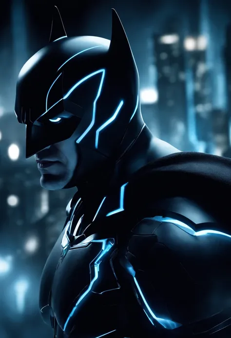 Tron Combined with Batman, tron legacy, battle pose, crystal clear image, intricate details, close up, battle scars, black and blue themed, simulation world, black and blue Cape